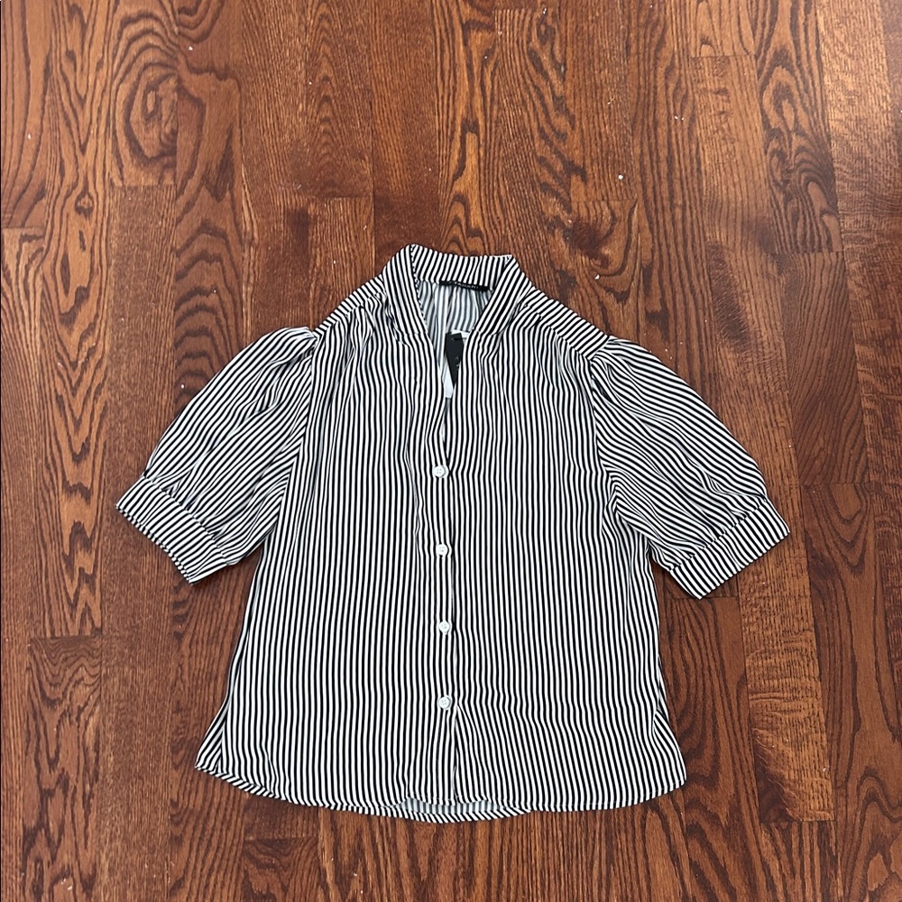 T Tahari Black and White Striped Blouse